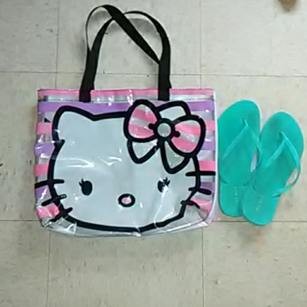 A hello Kitty bag with blue flip flops